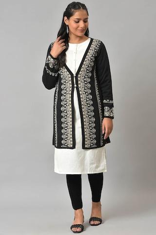 black jacquard ethnic full sleeves v neck women regular fit cardigan