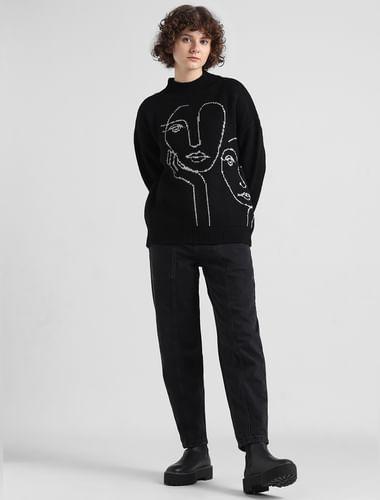 black jacquard knit printed pullover
