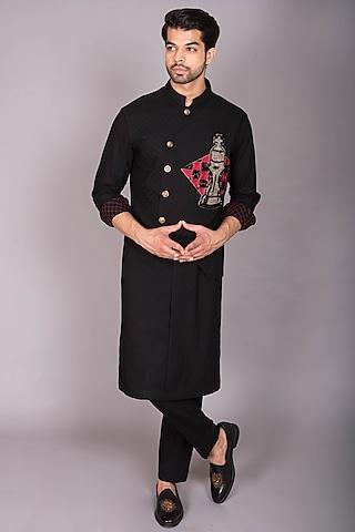 black japanese polynosic quilted & hand embroidered kurta set