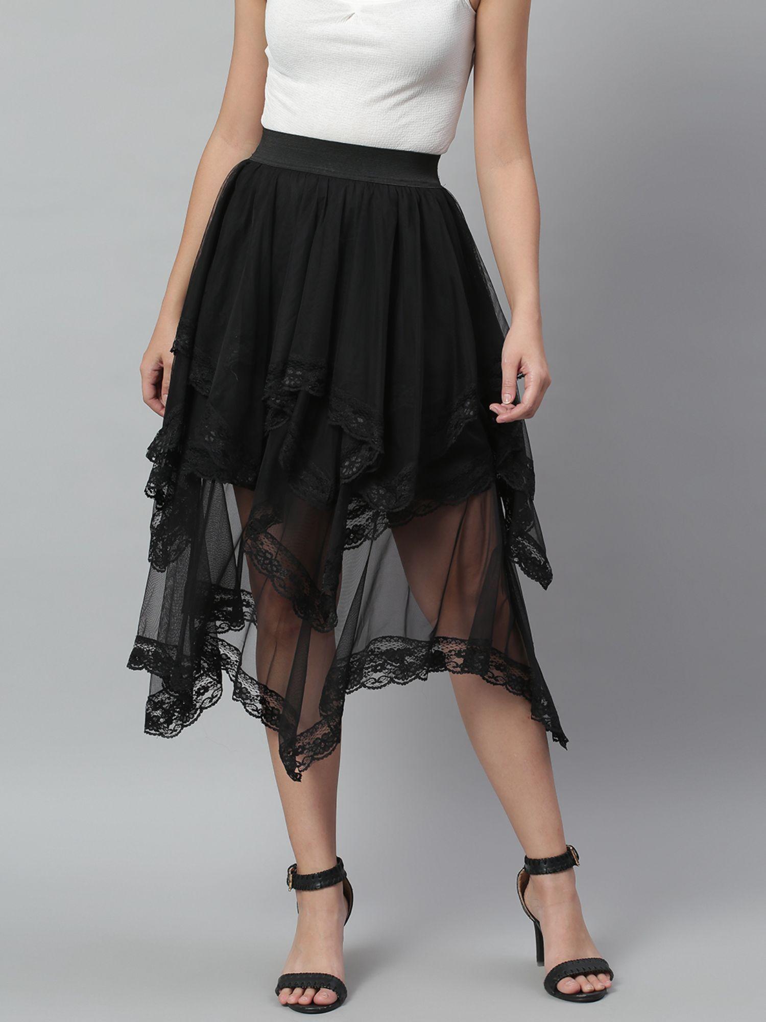 black layered sheer mesh lace skirt