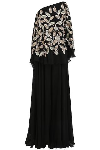 black leaf embroidered one shoulder cape with palazzo pants