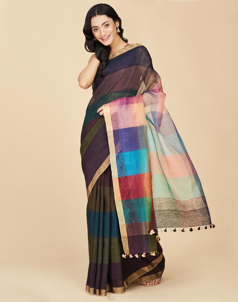 black linen blend hand woven  sari