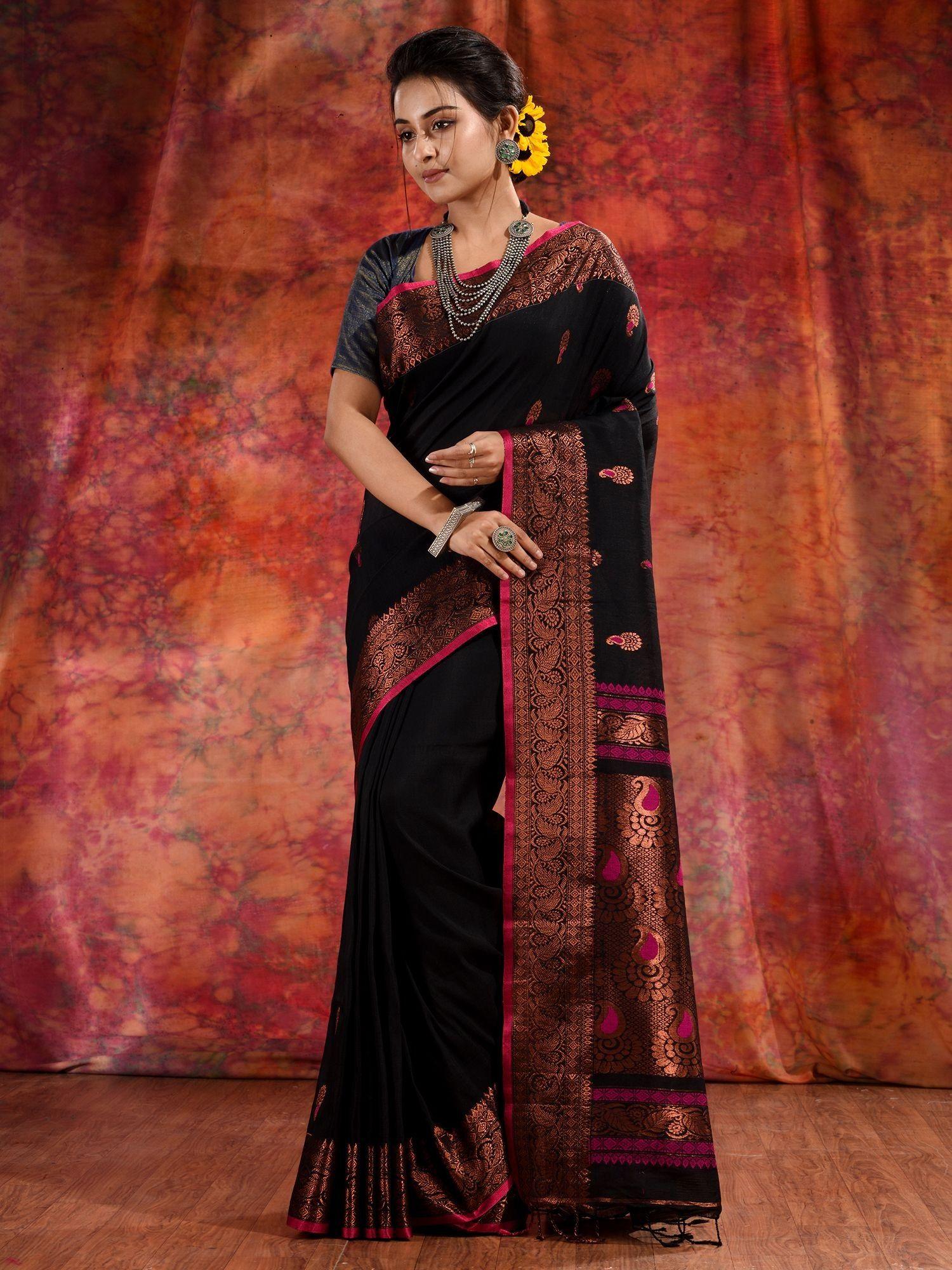 black linen handwoven soft saree with copper zari and unstitched blouse