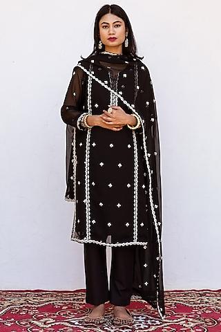 black machine embroidered straight kurta set