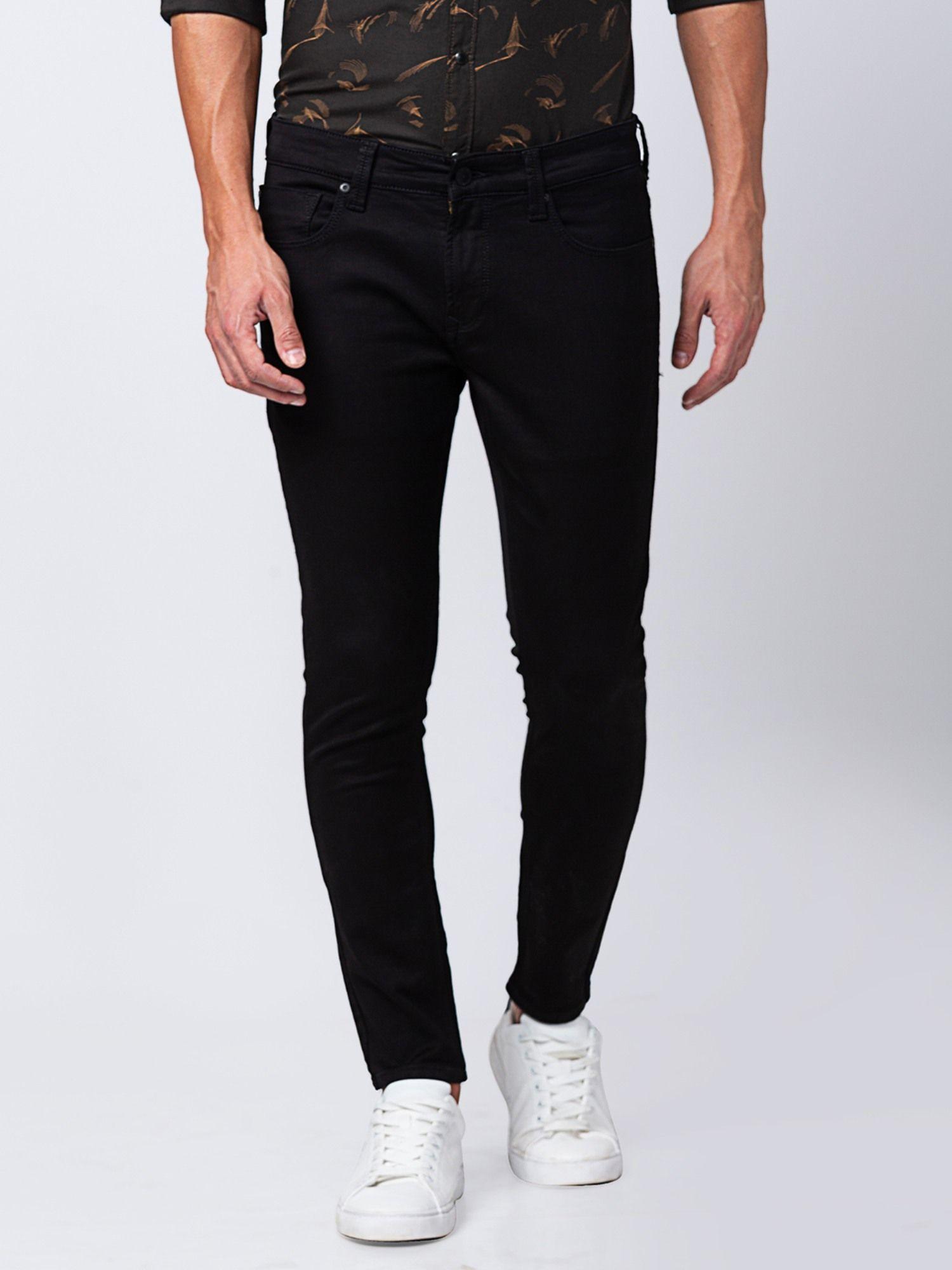 black mid rise tapered fit jeans for men
