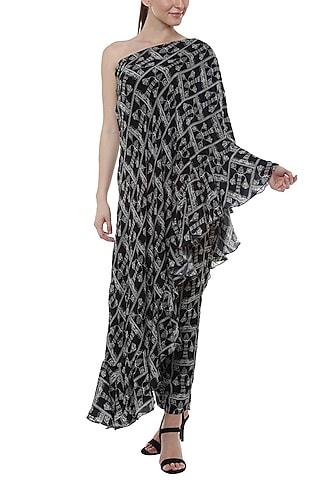 black monochrome tree printed one shoulder tunic with pants