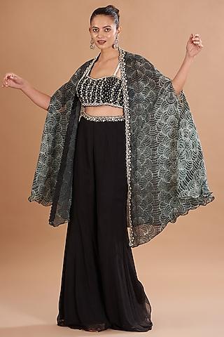 black-organza-&-chiffon-shibori-printed-cape-set