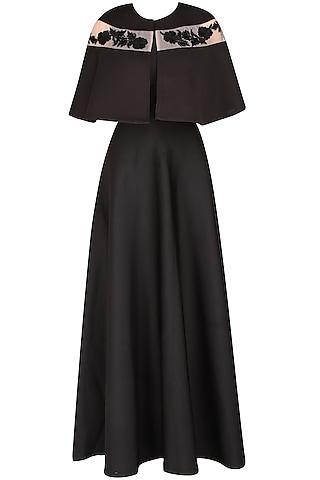 black pleated cutout gown  and floral embroidered cape set