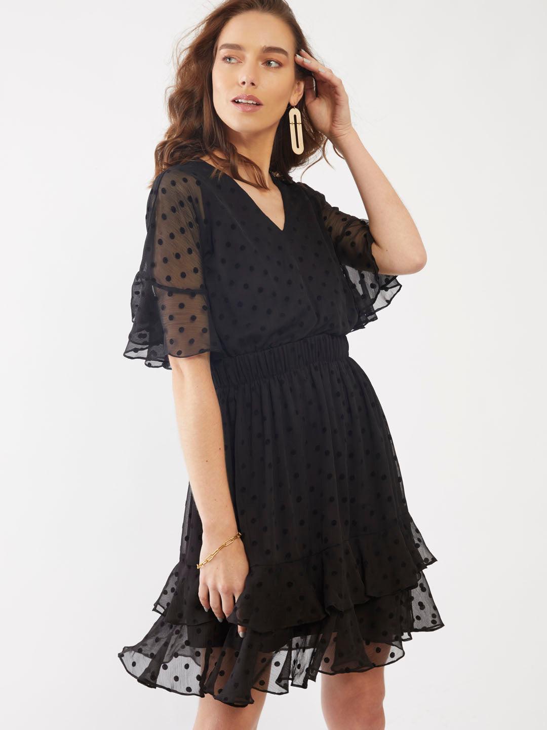 black polka tiered short dress for women