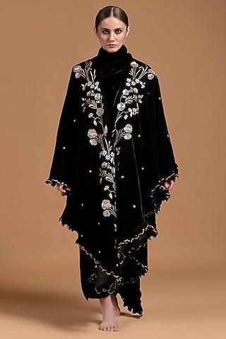 black poly velvet embellished cape set