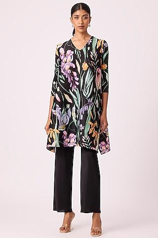 black polyester floral printed a-line tunic set