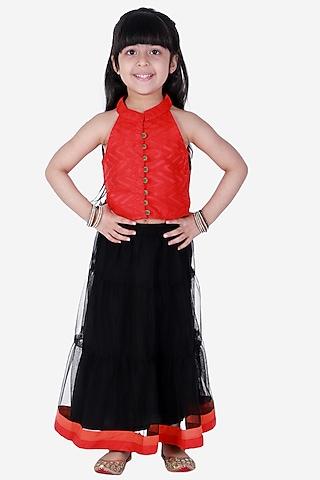 black polyester layered lehenga set for girls
