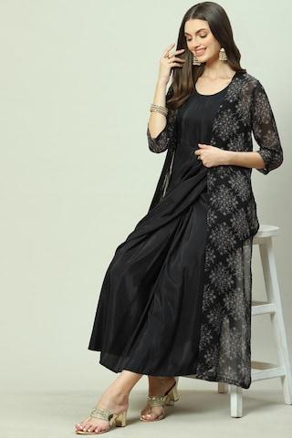 black print ethnic round neck 3/4th sleeves women regular fit kurta