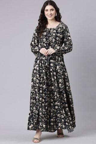 black print tie-up neck casual ankle-length full sleeves women flared fit dress