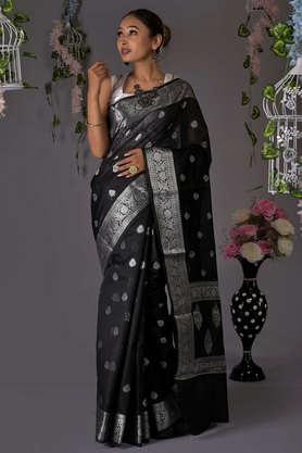 black printed banarasi black silver buti silk saree with blouse piece - black