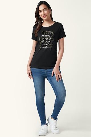 black printed casual short sleeves round neck women regular fit t-shirt