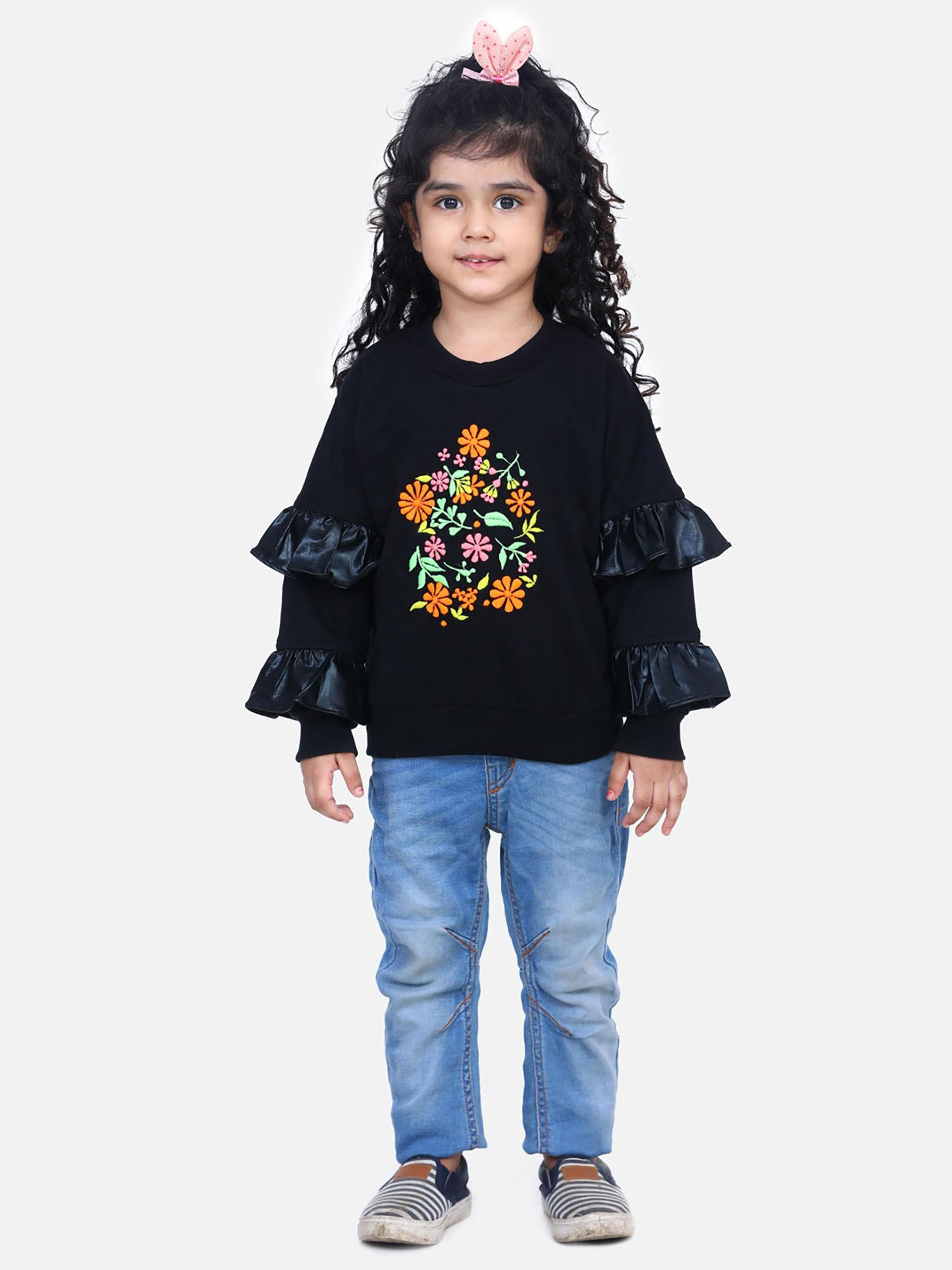 black printed french terry embroidered full sleeve sweatshirt