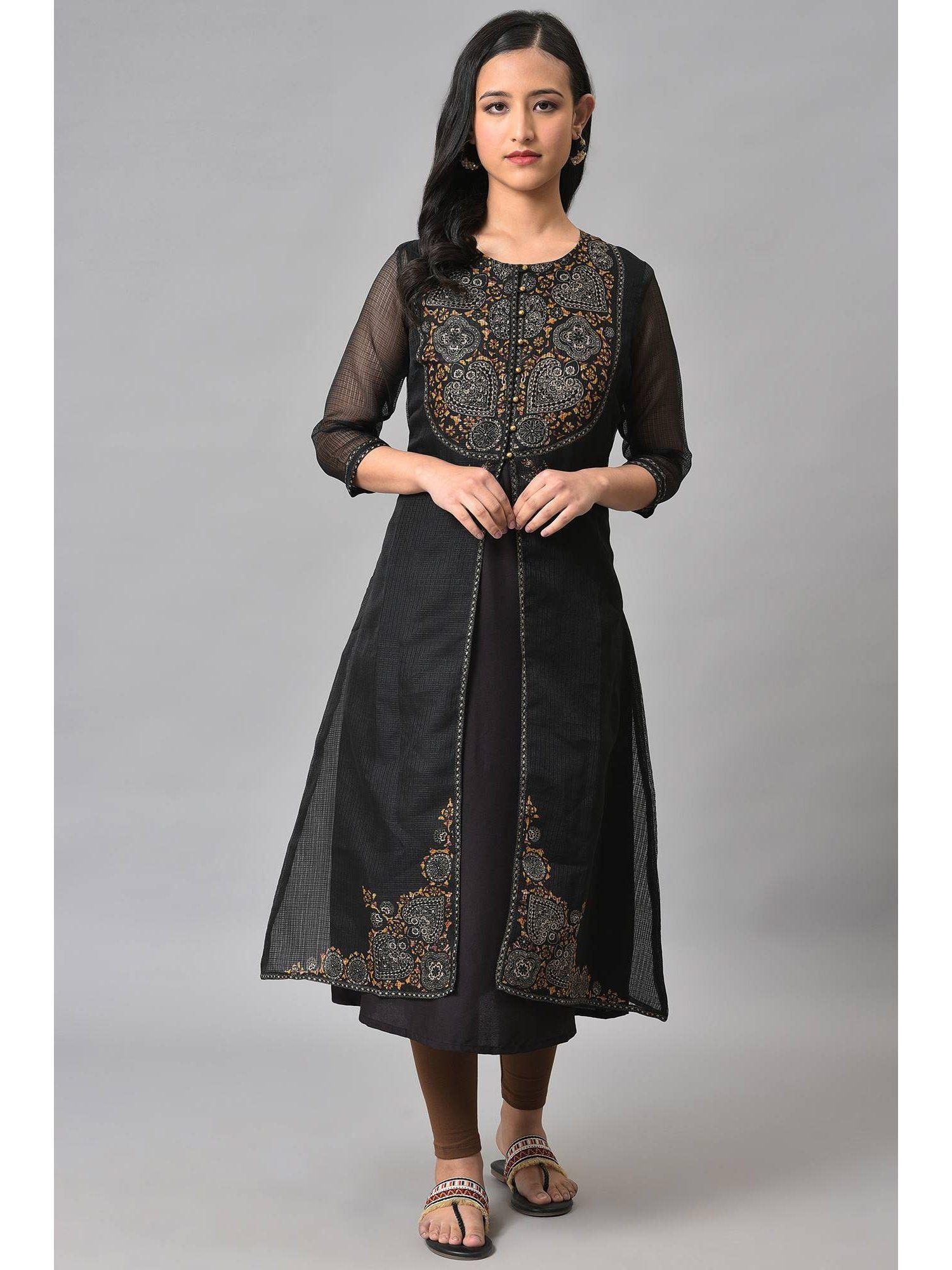 black printed inner kurta with outer jacket (set of 2)