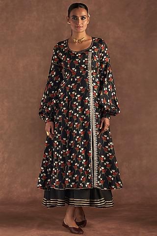 black raw silk printed layered kurta dress