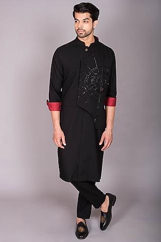 black raw silk quilted & hand embroidered kurta set