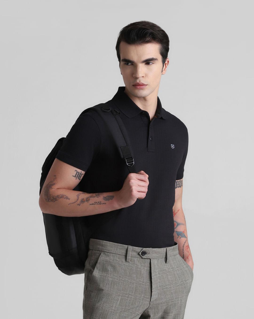 black ribbed sleeve polo t-shirt
