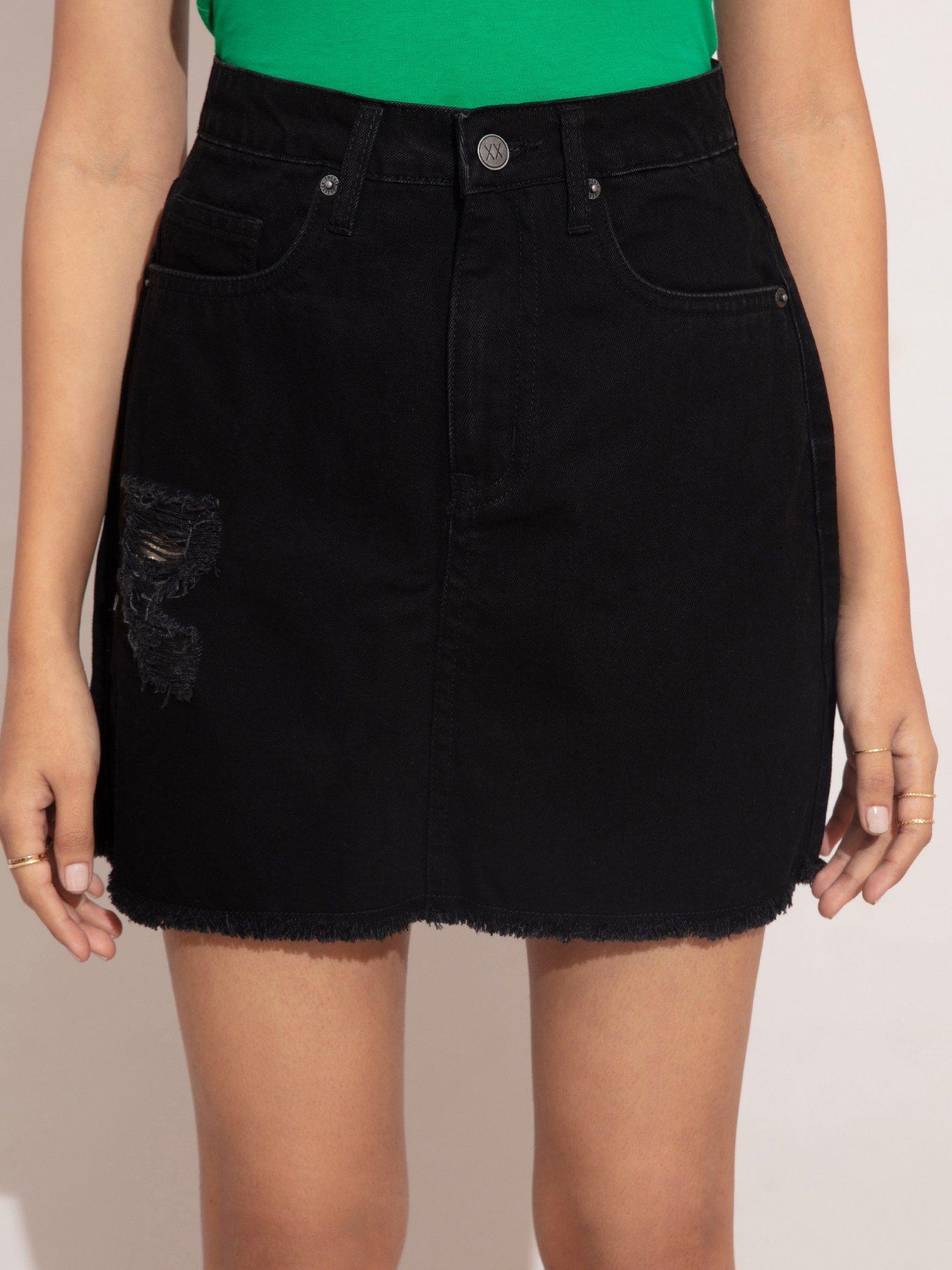 black ripped short denim skirt