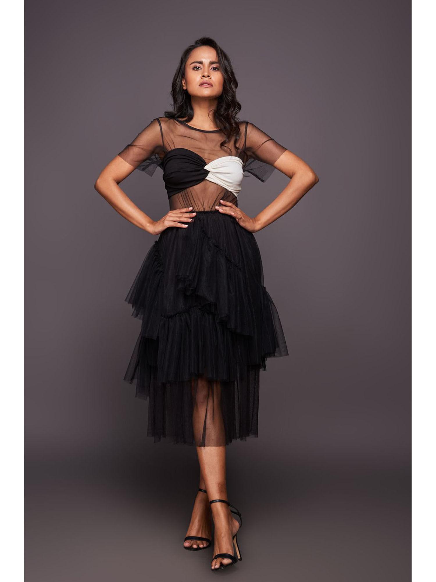 black ruffled midi dress with inner skirt and bustier (set of 3)