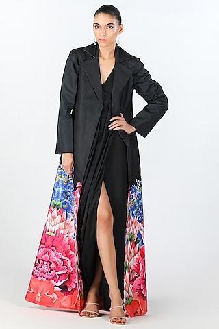black scallop textured satin printed draped jacket dress