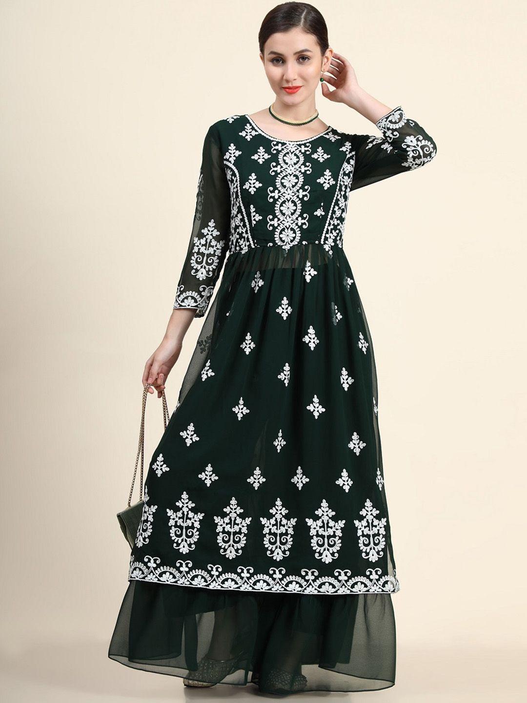 black scissor ethnic motifs embroidered pleated thread work straight kurta with trousers