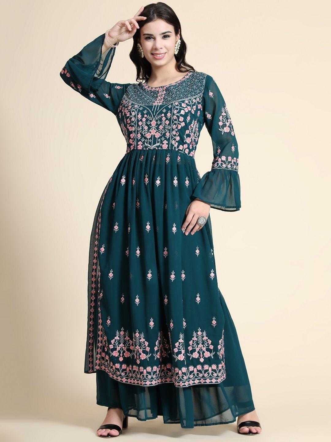 black scissor floral embroidered bell sleeves kurta with sharara