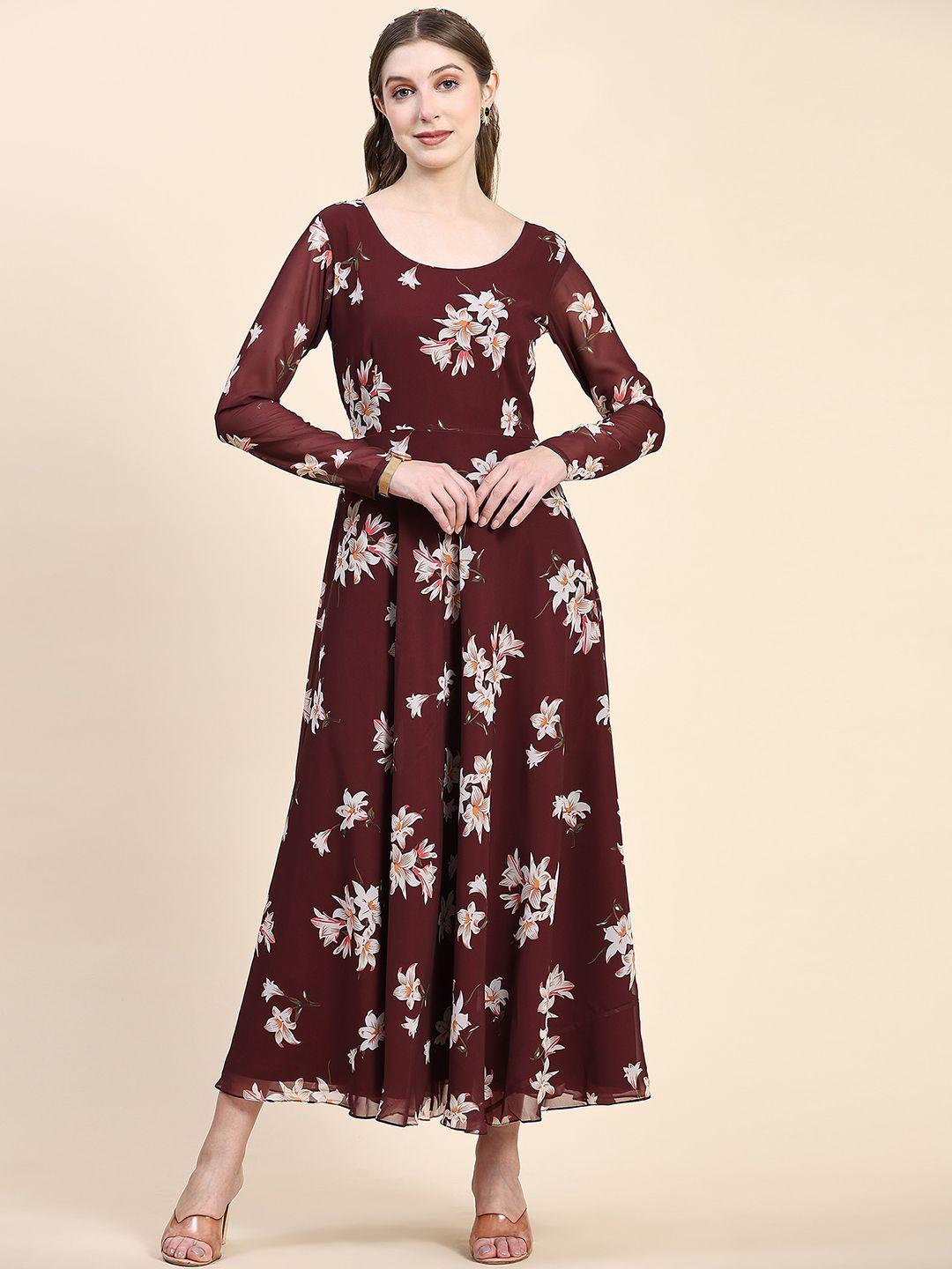 black scissor floral printed fit & flared georgette maxi ethnic dresses