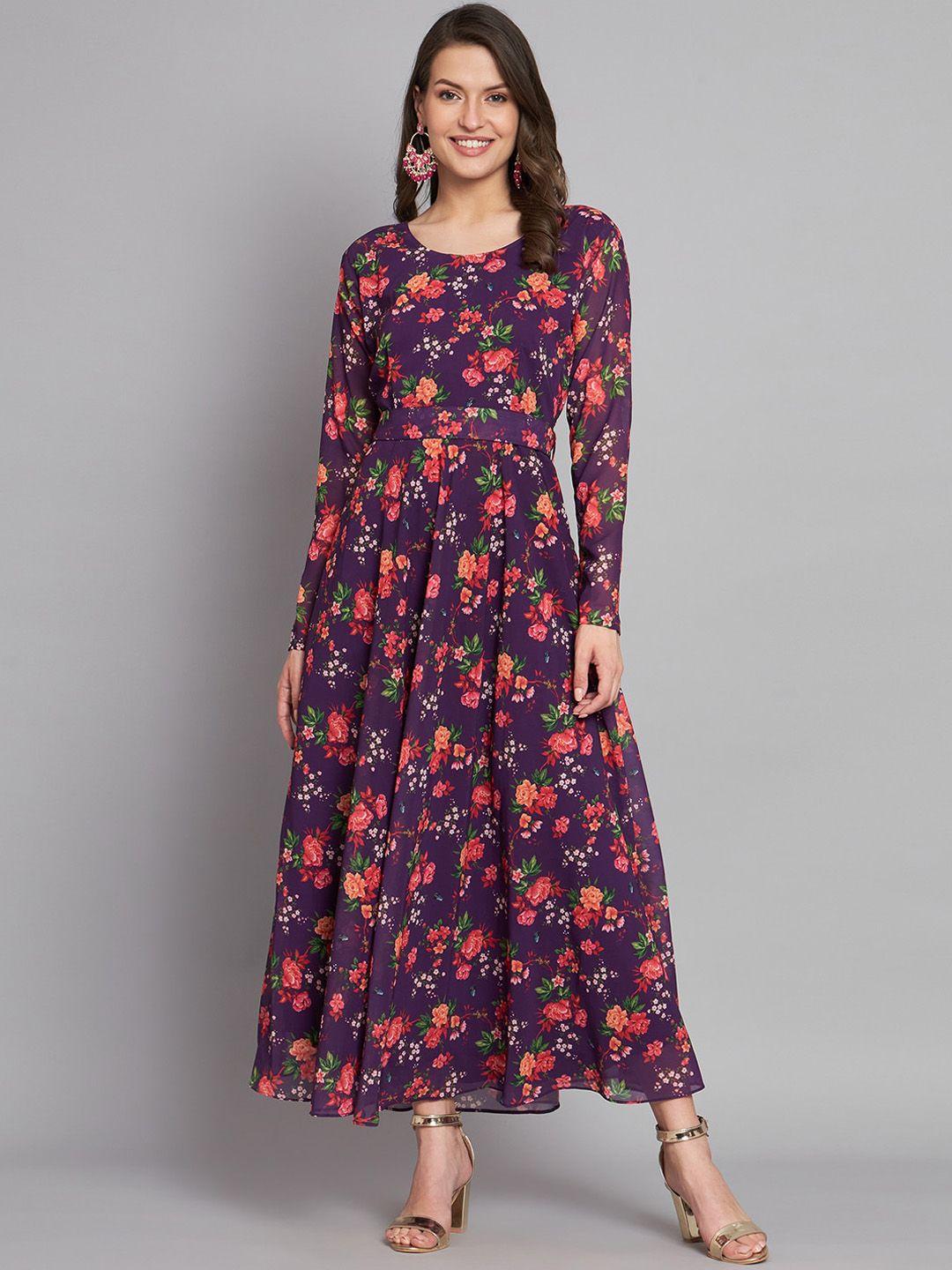 black scissor floral printed georgette maxi gown ethnic dress with belt