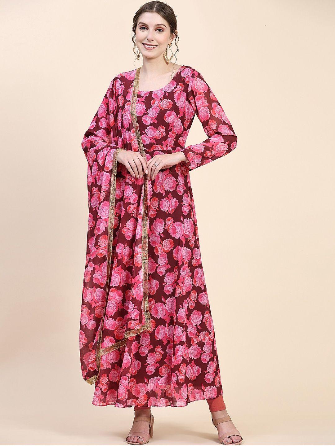 black scissor floral printed georgette maxi gown ethnic dress with dupatta
