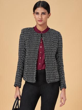 black self design formal full sleeves round neck women regular fit  jacket