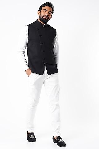 black self-textured nehru jacket