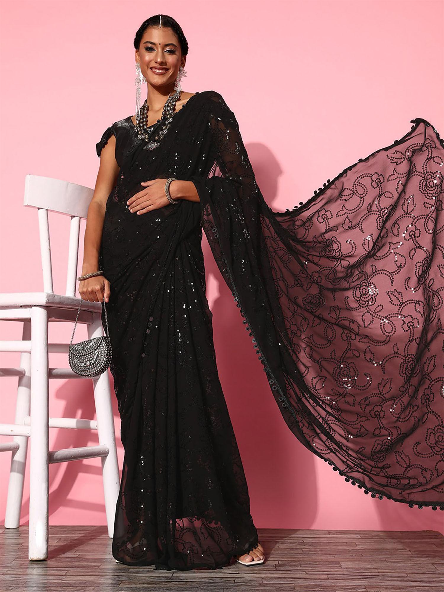 black sequence embroidered georgette saree with unstitched blouse