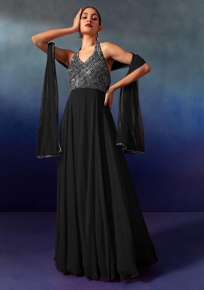 black sequin and bead embellished halter anarkali gown with dupatta