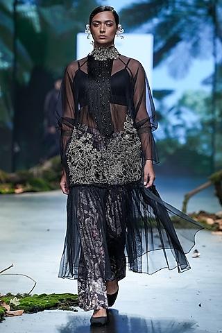 black sheer fabric applique & sequins embellished kurta set