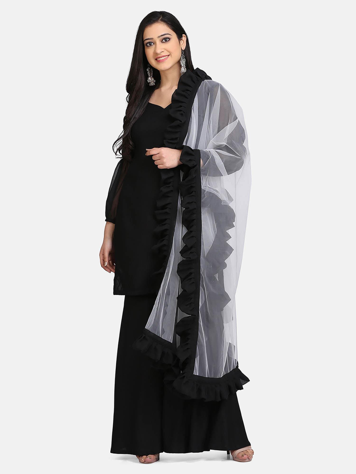 black short kurti paired with sharara and all over border net dupatta (set of 3)