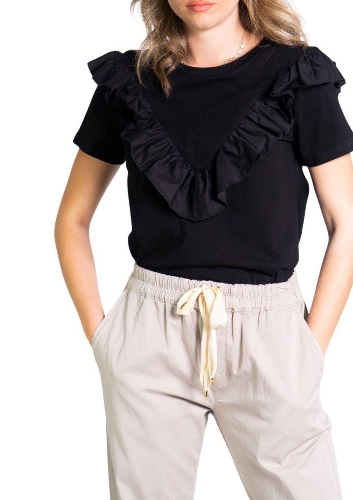 black short sleeve ruffle design top