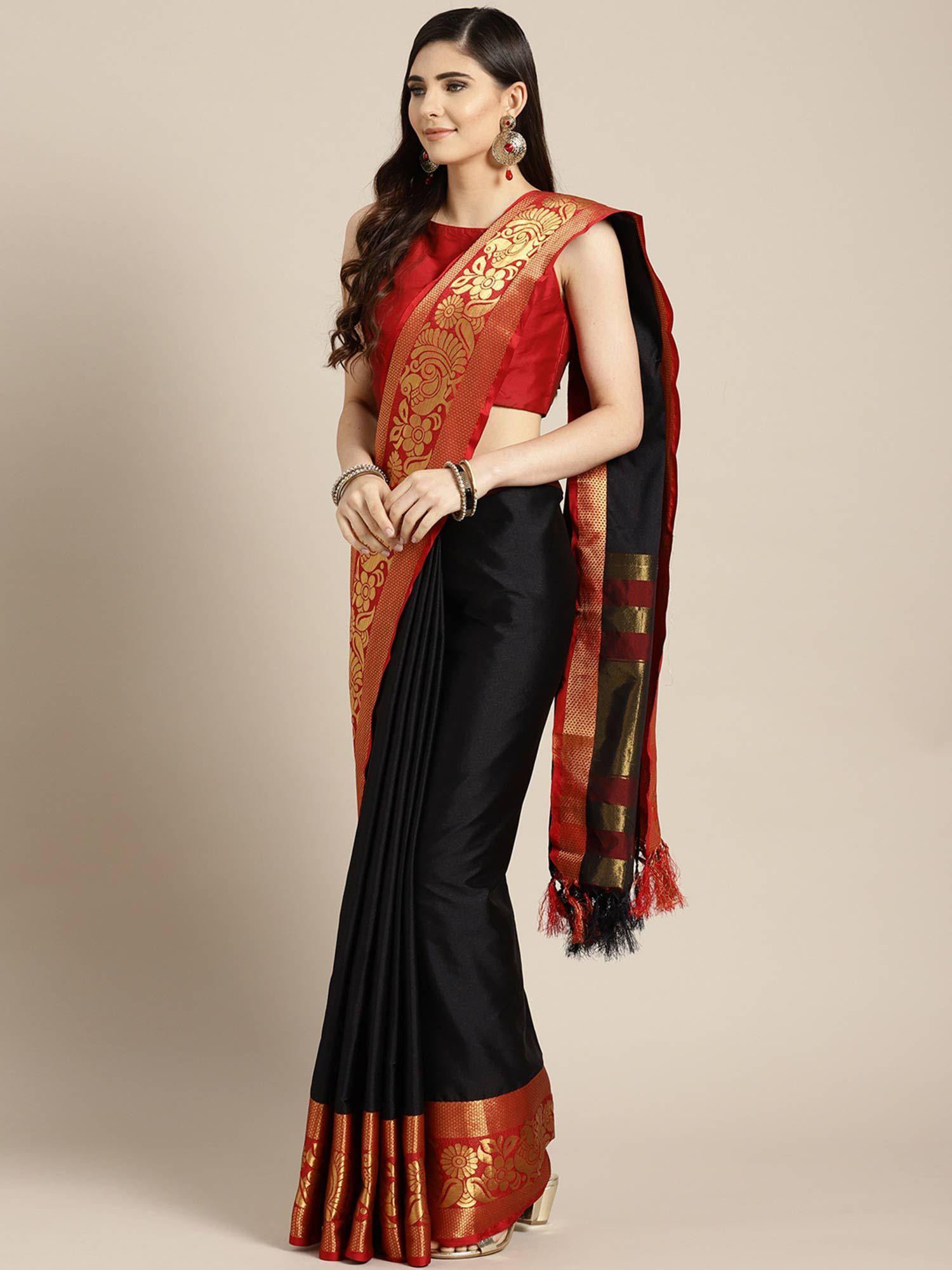 black silk blend saree with unstitched blouse