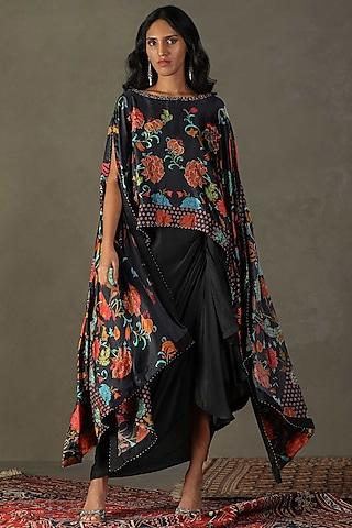 black silk floral printed & embroidered cape set