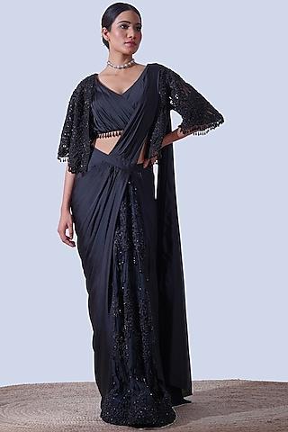 black silk satin & tulle hand embroidered pre-draped jacket saree set