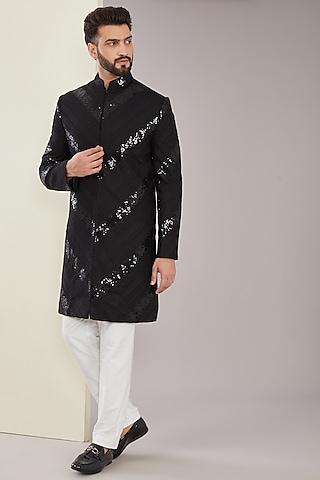 black silk sequins embroidered sherwani