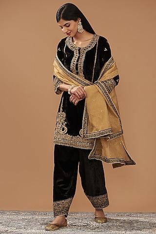 black silk velvet hand & machine embroidered short kurta set