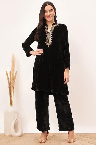 black silk velvet hand embroidered kurta set