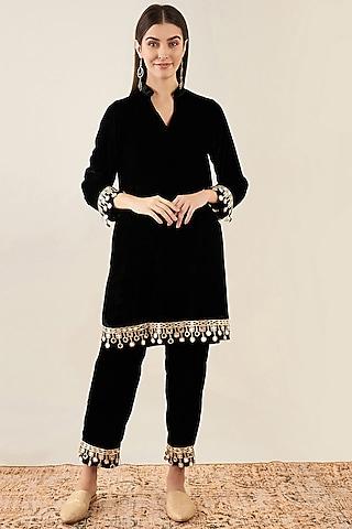 black silk velvet mirror lace embroidered kurta set