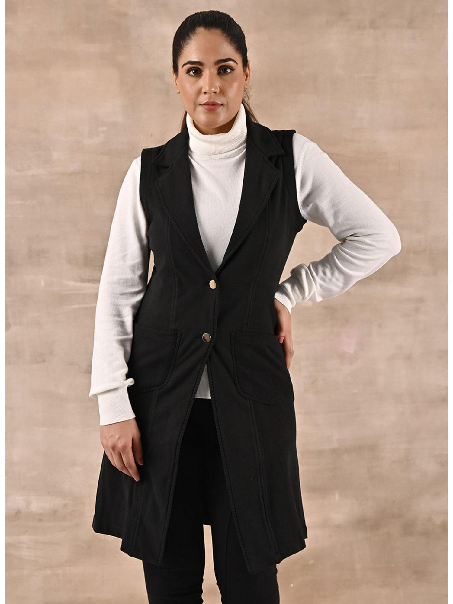 black sleeveless trench coat with notch collar