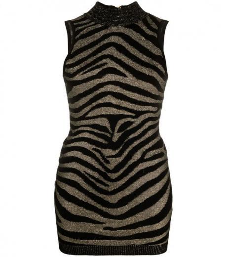 black sleeveless zebra print knit short dress