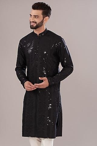 black slub silk embroidered kurta